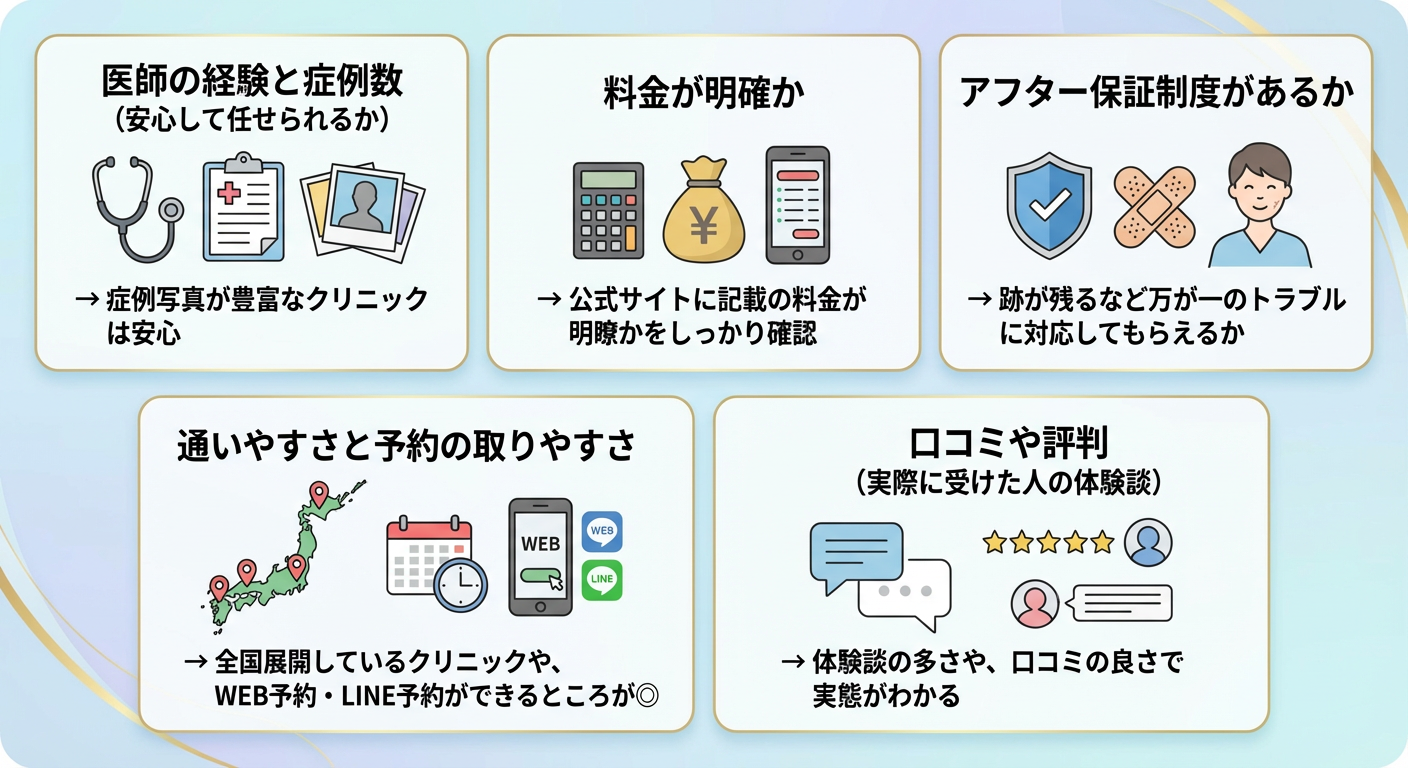 医師の経験と症例数（安心して任せられるか）
→症例写真が豊富なクリニックは安心

料金が明確か
→公式サイトに記載の料金が明瞭かをしっかり確認

アフター保証制度があるか
→跡が残るなど万が一のトラブルに対応してもらえるか

通いやすさと予約の取りやすさ
→全国展開しているクリニックや、WEB予約・LINE予約ができるところが◎

口コミや評判（実際に受けた人の体験談）
→体験談の多さや、口コミの良さで実態がわかる