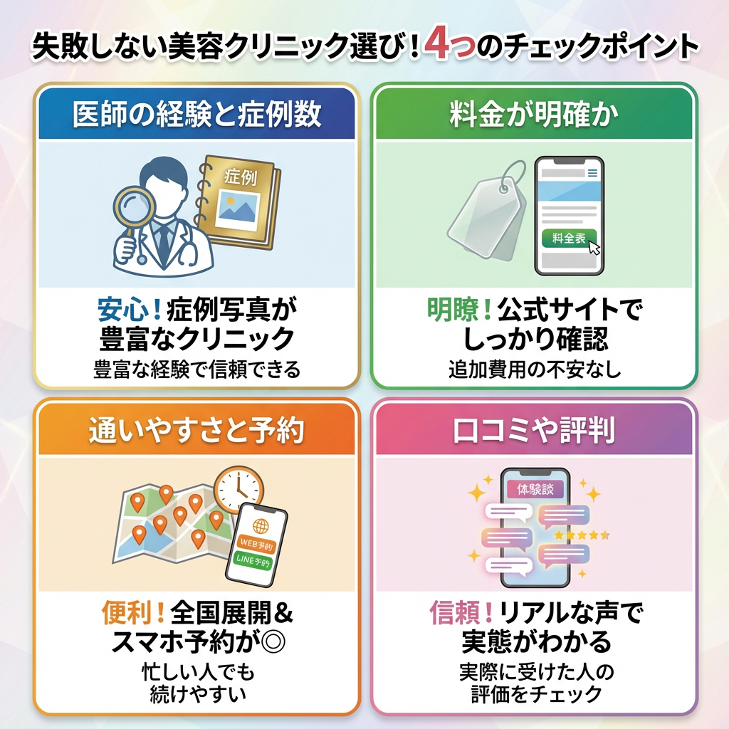 医師の経験と症例数（安心して任せられるか）
→症例写真が豊富なクリニックは安心

料金が明確か
→公式サイトに記載の料金が明瞭かをしっかり確認

通いやすさと予約の取りやすさ
→全国展開しているクリニックや、WEB予約・LINE予約ができるところが◎

口コミや評判（実際に受けた人の体験談）
→体験談の多さや、口コミの良さで実態がわかる